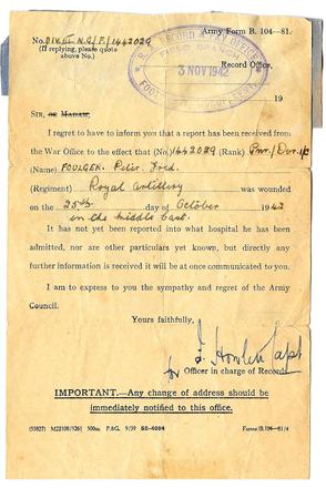Letter re wounding of Peter Foulger 65 Anti Tank Regt
