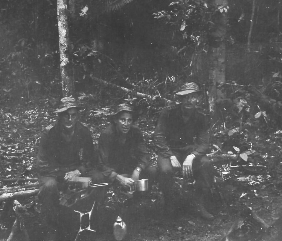 Capt. R.D Edwards (right), C/Sgt Birch (centre) and unknown Mne.(left)