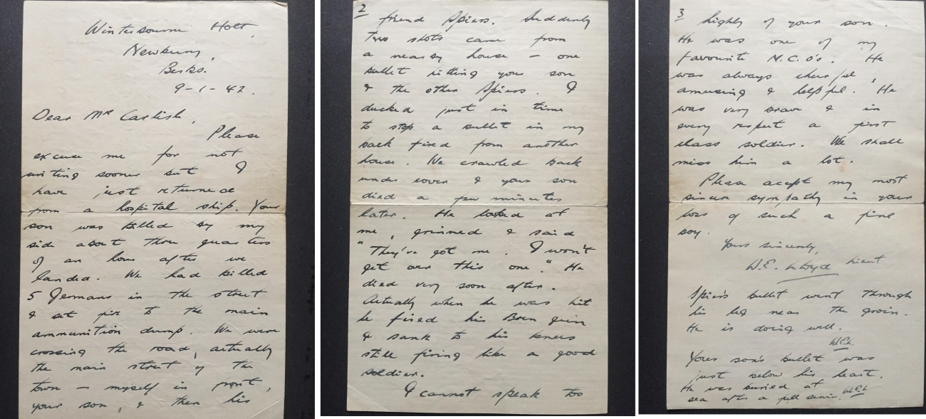 Letter from Lt Lloyd to the father of LCpl Alan Carlisle No.3 Commando