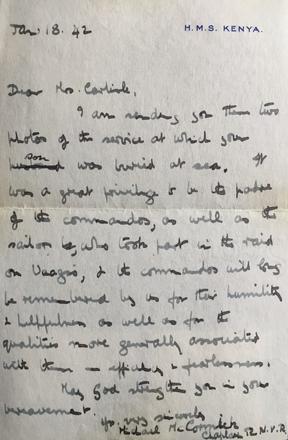 Letter from the Padre to the mother of LCpl Alan Carlisle No.3 Commando