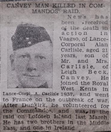 Newspaper report on the death of LCpl Alan Carlisle No.3 Commando