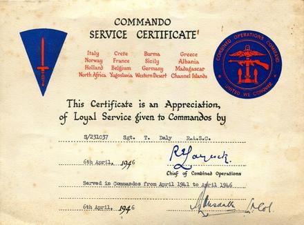 Commando Service Certificate for Sgt. Thomas Daly