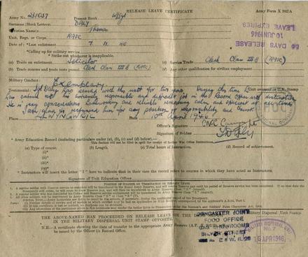 Recommendation for Sgt Tom Daly, April 1946, Holding Operational Commando.