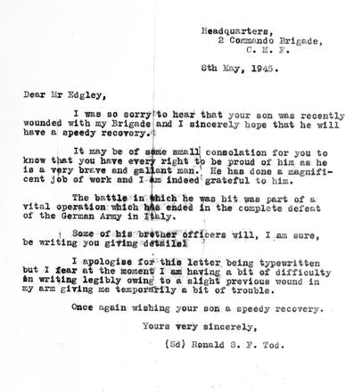 Letter to his father from Brigadier R. Todd, OC 2 Commando Brigade