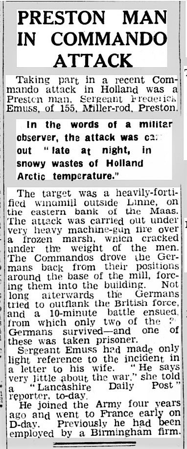 Article about Sgt Emuss in the Lancashire Evening Post 7 Feb. 1945