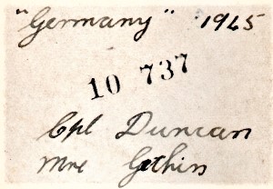 Rear of the image 'Germany 1945 Cpl. Duncan and Mne Gethin'