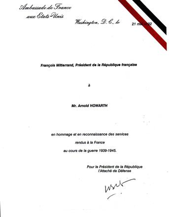 Croix de Guerre Certificate - Lance Sergeant  Arnold Howarth B.E.M.
