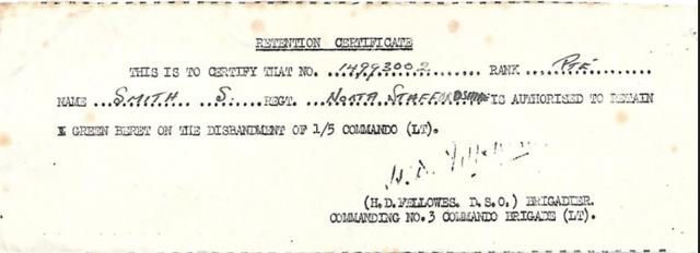 Green Beret Retention Certificate of Pte Stan Smith No.1/5 Cdo
