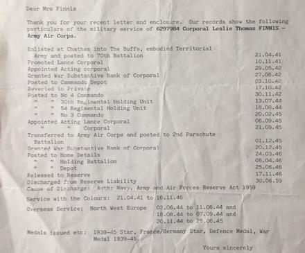 Service Record transcript for Cpl. Leslie Finnis Nos.4 and 3 Commando