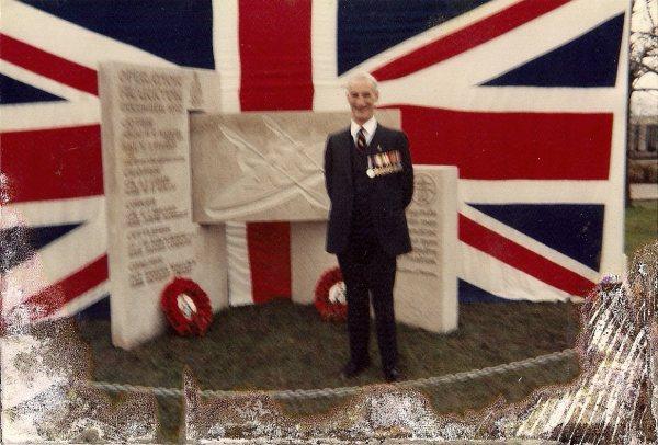 Bill Sparks DSM, No 1 Section of Royal Marine Boom Patrol Detachment,  at monument in Bordeaux.