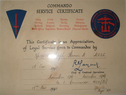 Commando Service Certificate for L/Cpl. Arthur Horner