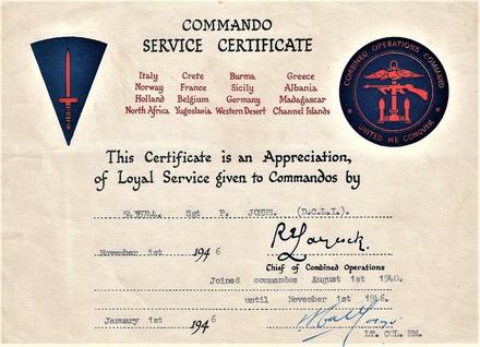 Commando Service Certificate for Sgt. Philip Johns No.5 Commando