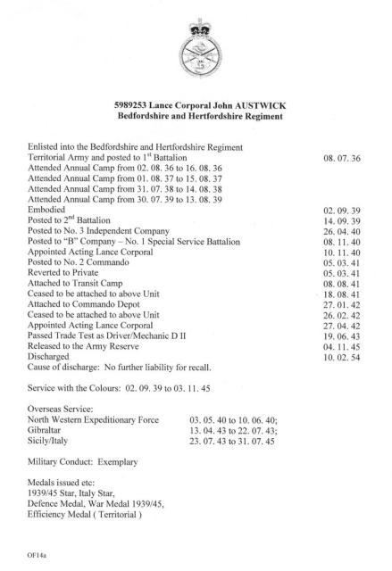 Service record of 5989253 LCpl John Austwick No.2 Cdo.