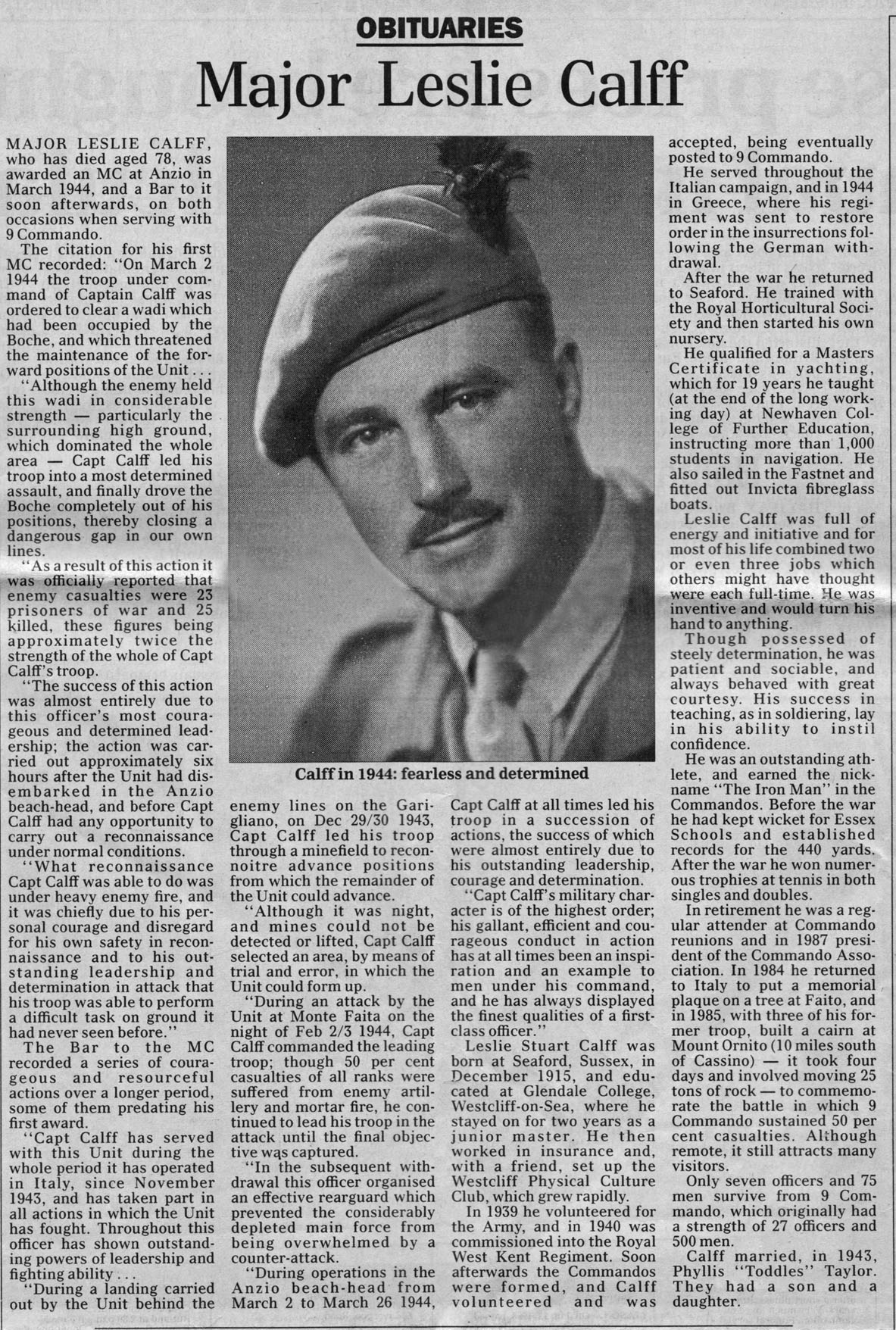 Obituary for Major Leslie Callf MC*  No.9 Commando