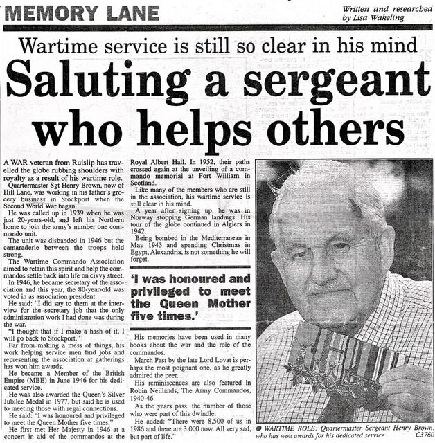 Henry Brown OBE, No.1 Cdo., 1946 Secretary later President, of the original Commando Association.