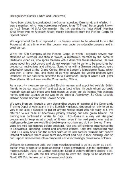 Page 1/3 of a speech given by Colin Anson 3 troop No.10 (IA) Commando
