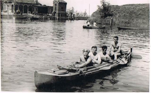 Four from No.4 Cdo in a canoe. Willemstad, Netherlands. Spring 1945.