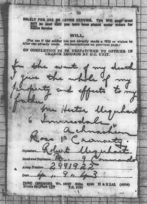 The will of Private Robert Rose Urquhart, No.9 Commando 5 troop kia 2/4/45