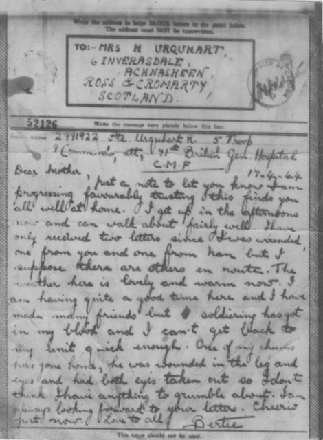 A letter from Pte Robert Rose Urquhart to his mother after he had been injured