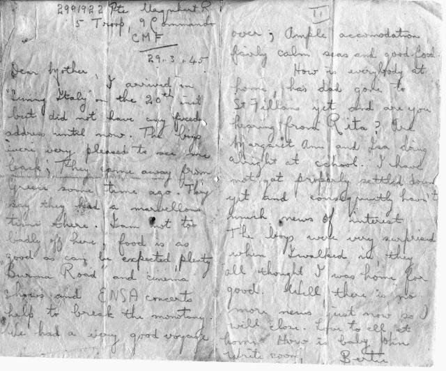 The last letter to his mother from Private Robert Rose Urquhart No.9 Cdo. 5 tp.