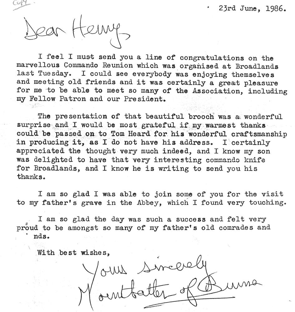 Letter of thanks from The Countess Mountbatten of Burma