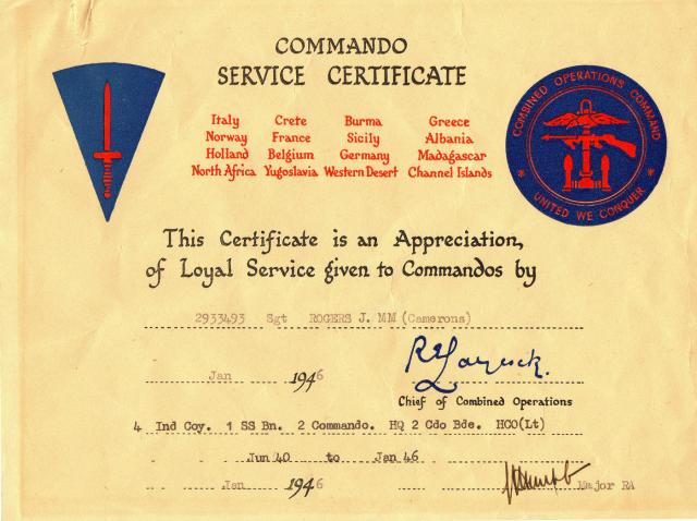 Commando Service Certificate for Sgt. Joe Rogers MM