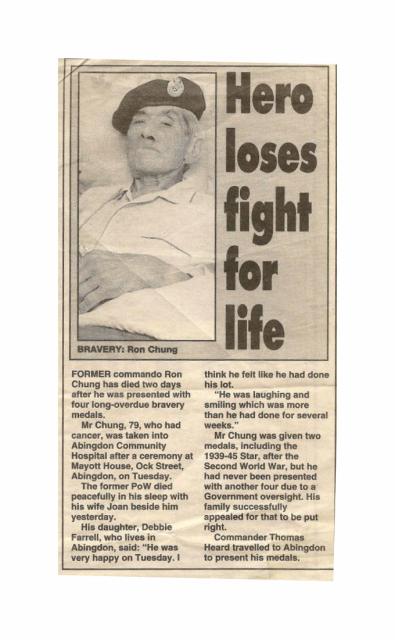 Newspaper article about the death of Ron Chung