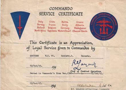 Commando Service Certificate for WO2 (CSM) Sidney Hewlett No.1 Commando