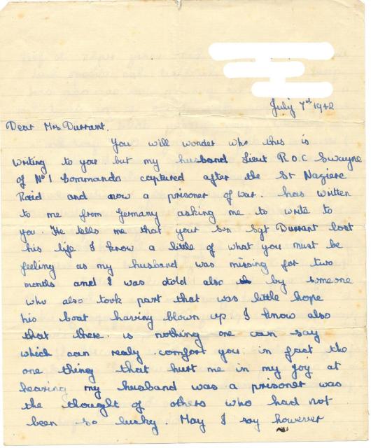 Letter (page 1) from Mrs Swayne wife of Lieut. Ronnie Swayne MC dated 7th July 1942