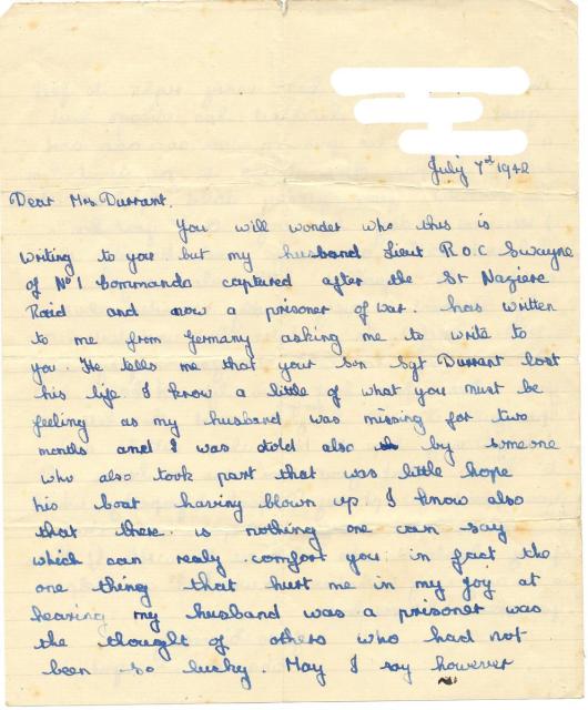 Letter (page 1) from Mrs Swayne wife of Lieut. Ronnie Swayne MC dated 7th July 1942