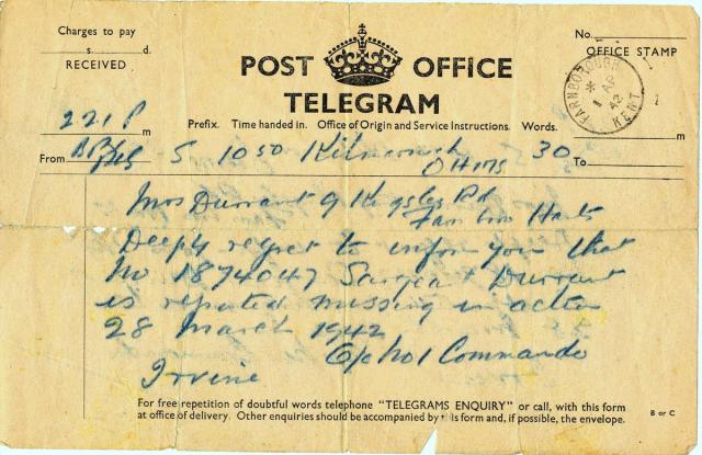 Missing Notification Telegram dated 1st April 1942