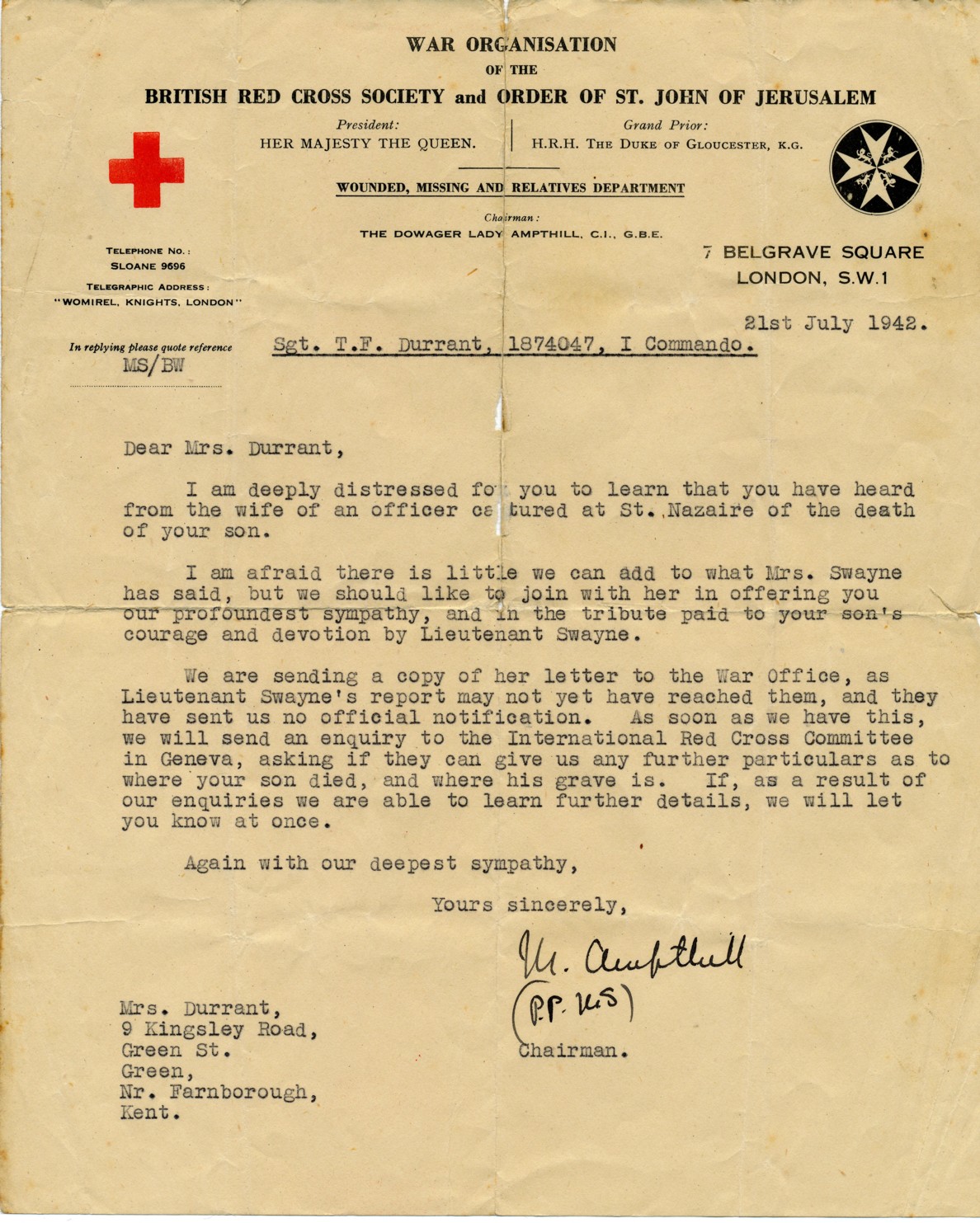 British Red Cross letter dated 21st July 1942