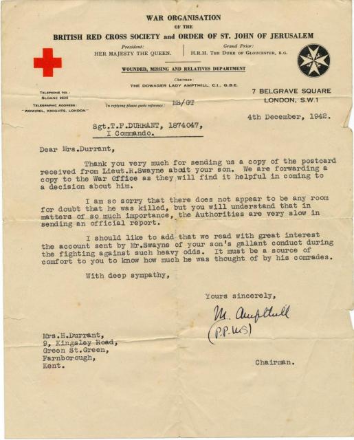 British Red Cross letter dated 4th December 1942