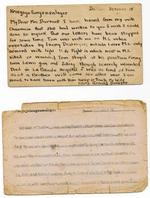 Letter from Lieut. Ronnie Swayne to Mrs Durrant from his POW camp dated 15 October 1942