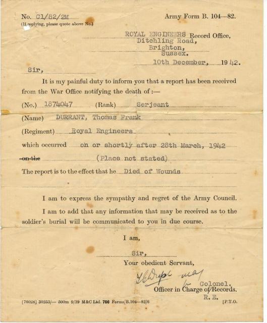 Official confirmation of Tom's death dated 10th December 1942