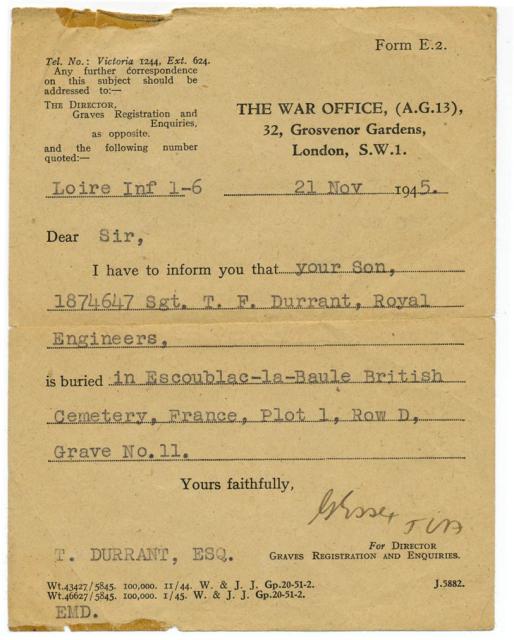 Burial Notice dated 21st July 1945