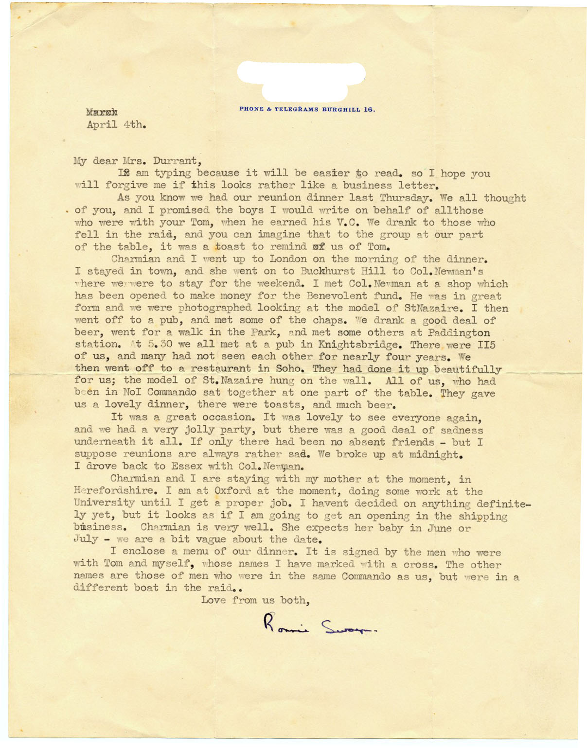 Letter from Ronnie Swayne MC