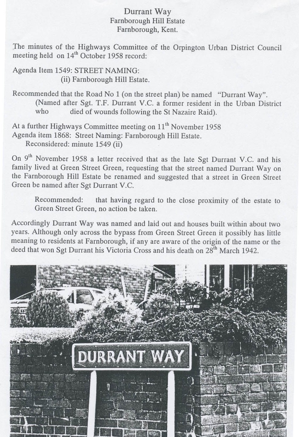 A road named in Tom Durrant's honour