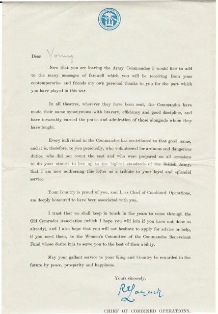 Laycock letter of thanks to Ronald 'Ken' Young of No.9 and No. 4 Commando