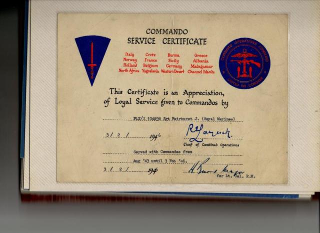 Commando Service Certificate for Sgt John Fairhurst 46RM Cdo.
