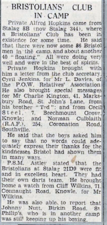 Report in the Western Daily Press 1 June 44 after Pte Hoskins was repatriated
