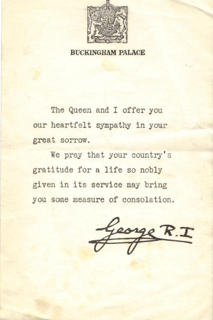 The King's message to the family of Pte. Robert Ong.