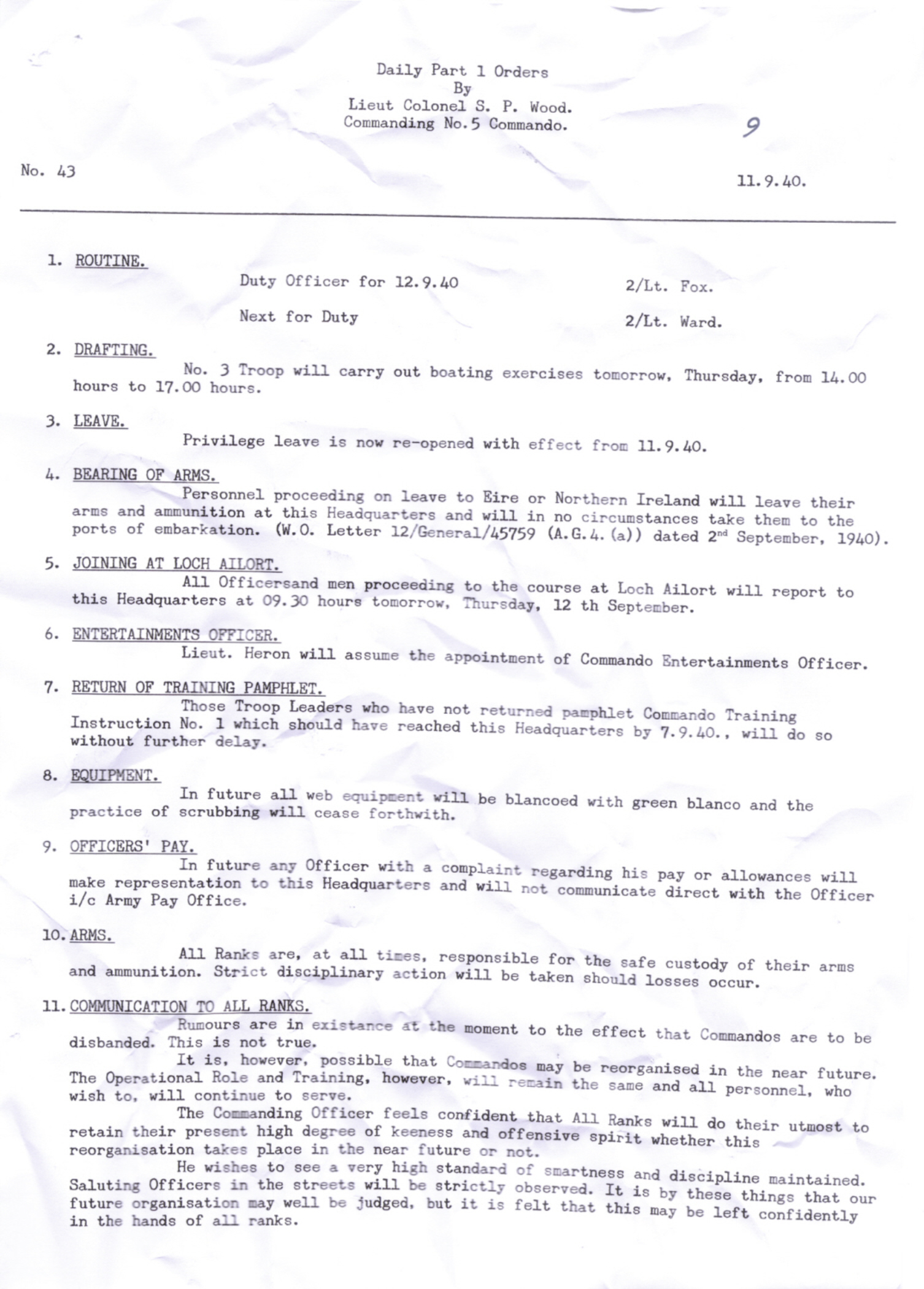 Daily Part I Orders, No5 Cdo, 11 Sept 1940