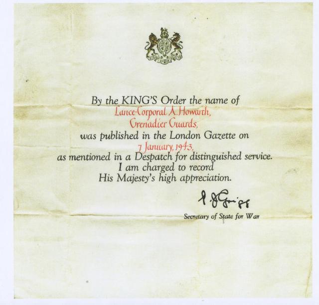 Mention in Despatches - LSgt. Arnold Howarth B.E.M.