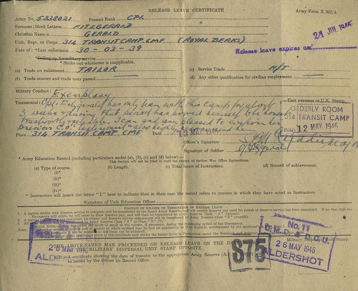 Release Certificate with testimonial for Gerald Fitzgerald No.2 Cdo.