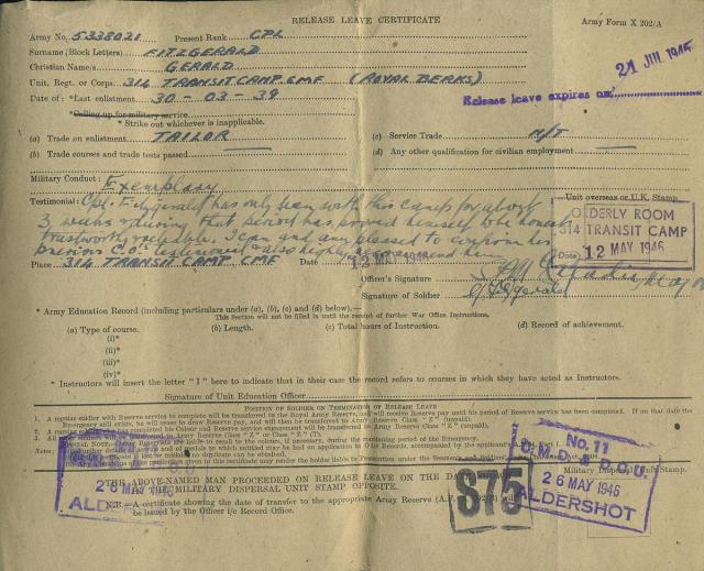 Release Certificate with testimonial for Gerald Fitzgerald No.2 Cdo.