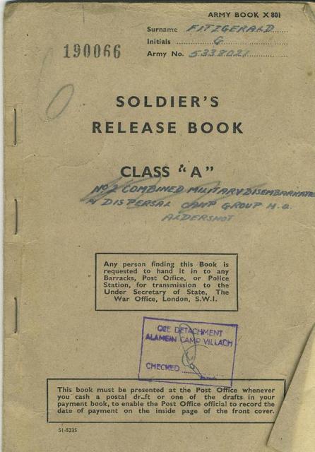 Soldiers Release Book for Gerald Fitzgerald No.2 Cdo.