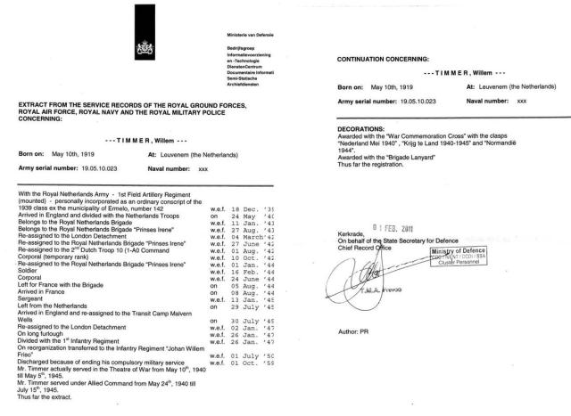 Service Record of Sgt Willem Timmer, Princess Irene Brigade and 2 Dutch troop No.10 (IA) Cdo
