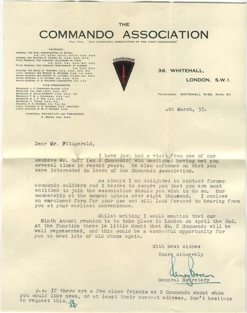 Commando Association Letter to Gerald Fitzgerald