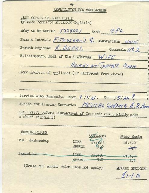 Commando Association application form for Gerald Fitzgerald